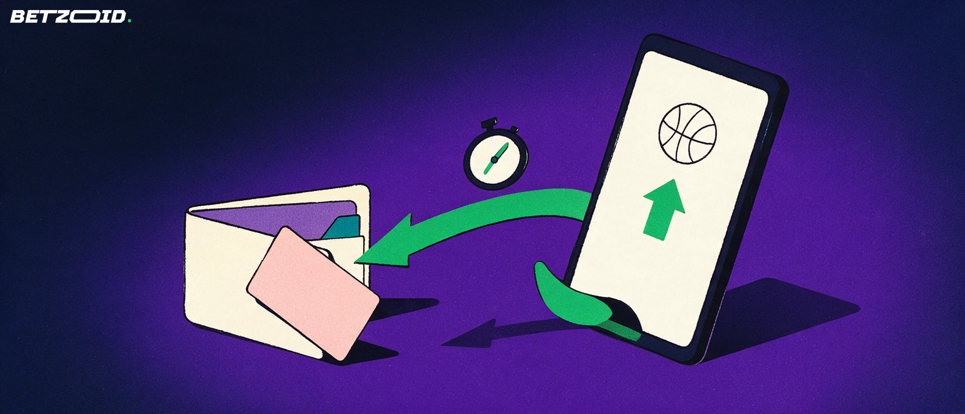 Illustration of an upright smartphone showing a basketball symbol and an arrow curving into an open wallet with a payment card.
