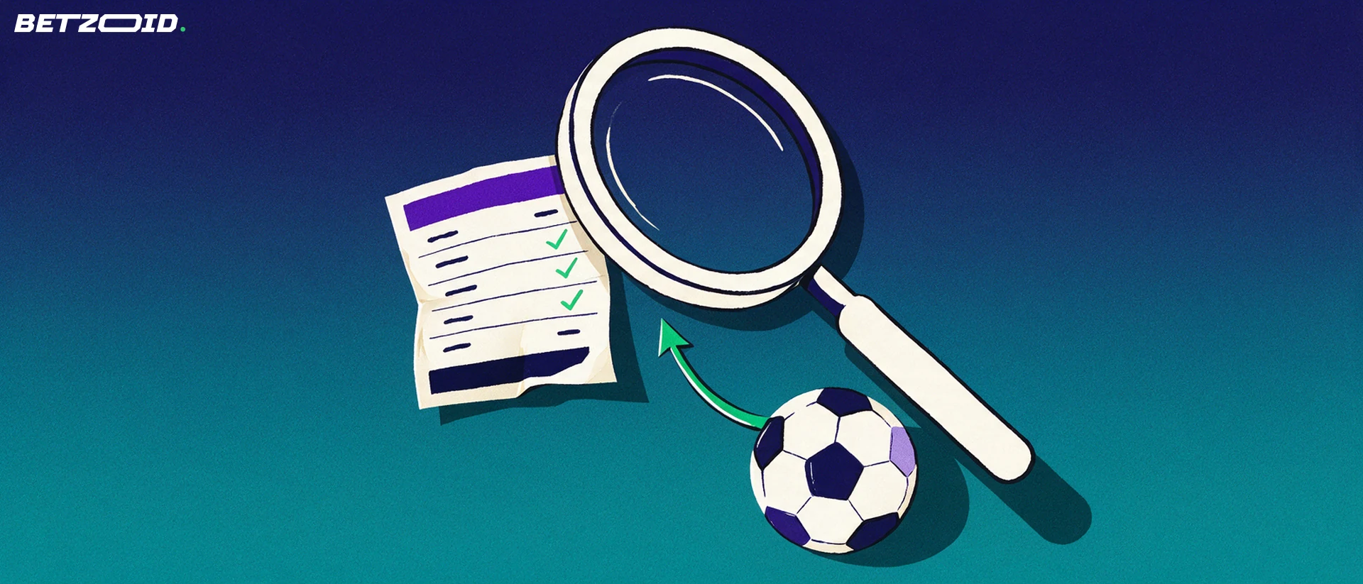 Ilustração de uma grande lupa examinando um bilhete de apostas esportivas com marcas de verificação, ao lado de uma bola de futebol estilizada.