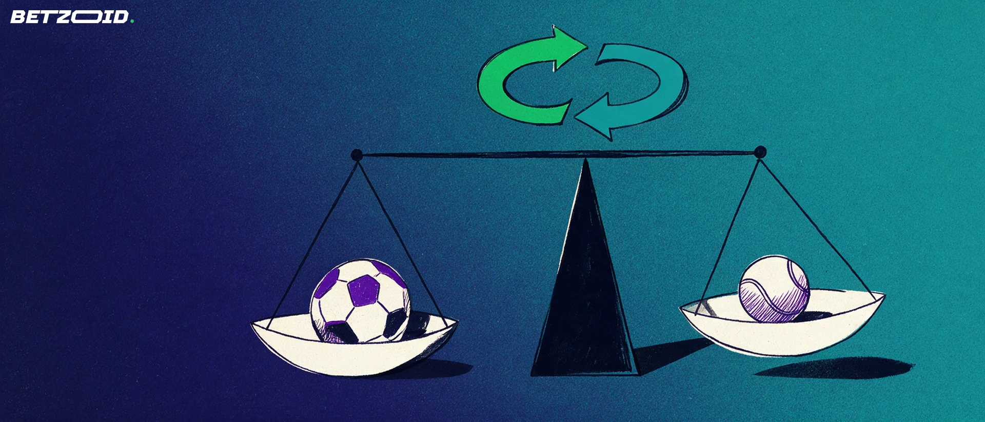 Ilustração de uma balança em equilíbrio com duas setas curvas opostas, uma bola de futebol e uma bola de tênis nos pratos, representando apostas casadas entre dois lados.
