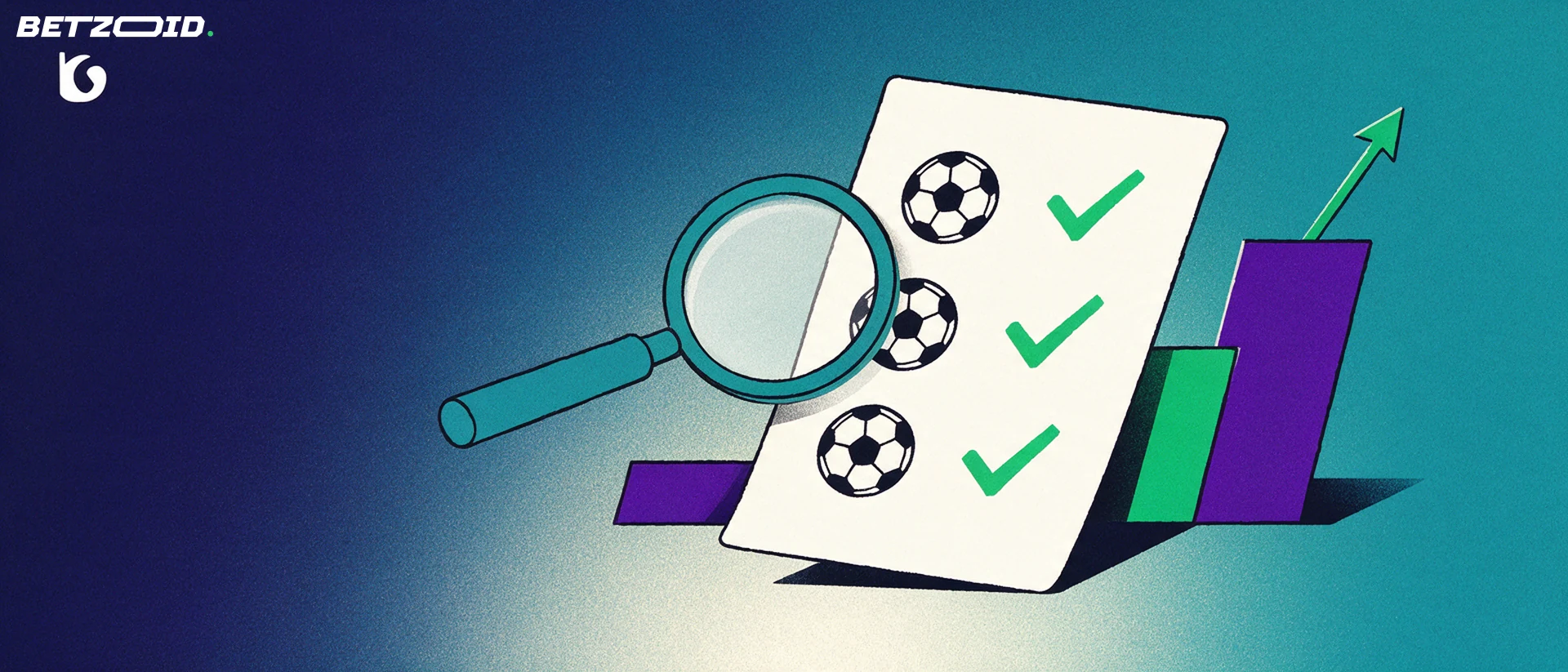 Ilustração de uma lupa examinando um boletim de apostas com símbolos de futebol e marcas de confirmação, ao lado de blocos crescentes com uma seta para cima.