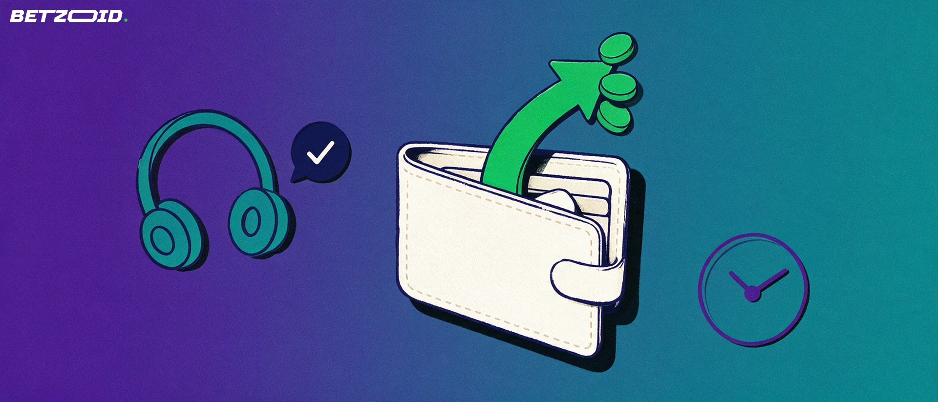 Ilustração de uma carteira aberta com fichas formando uma seta para cima, ao lado de um fone de atendimento com balão de fala marcado por um visto e um relógio simples.