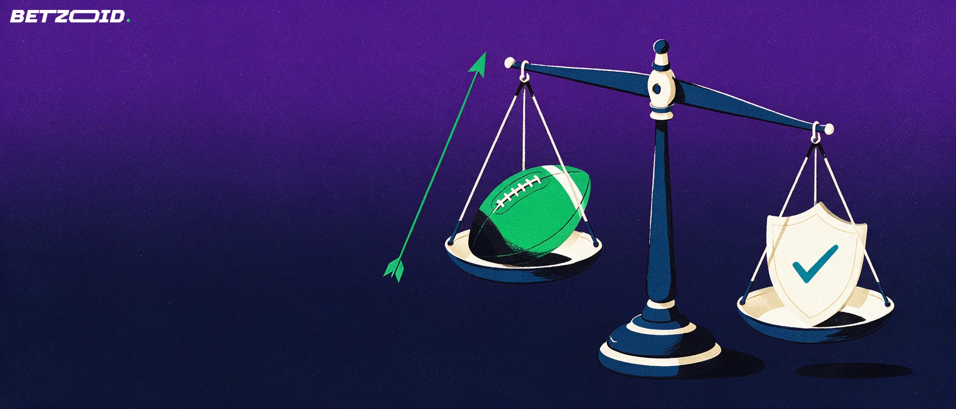 Ilustração de uma balança de dois pratos comparando uma bola de futebol com um escudo marcado com um sinal de confirmação.