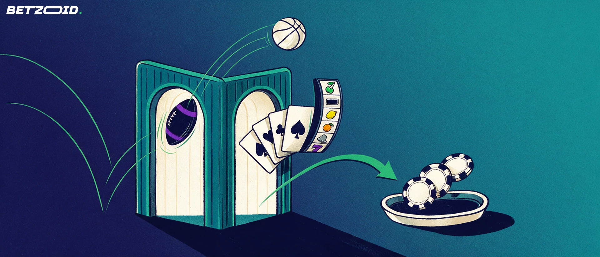 Illustration of a betting kiosk with two arches releasing sports balls on one side and cards and a slot reel on the other, with an arrow leading to a payout tray of chips.