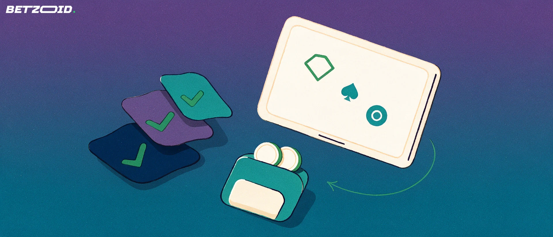Illustration of a tilted mobile device with simple sport and card symbols beside stacked region plates marked with check marks, and an arrow curving to a wallet holding two coins.