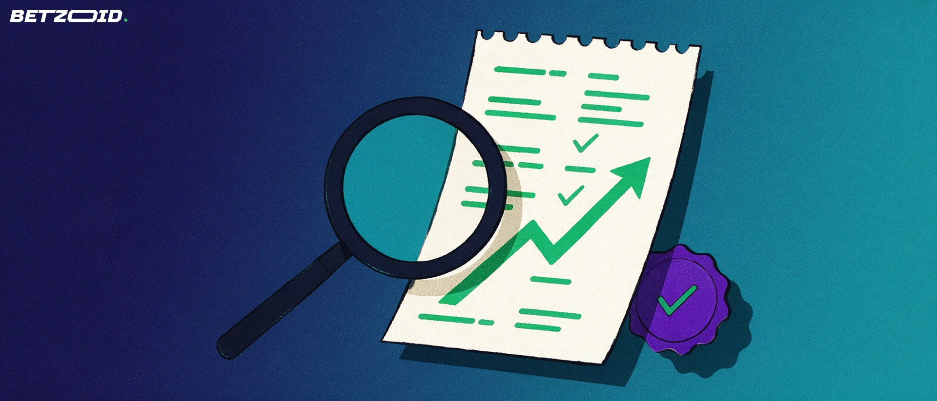 Ilustração de uma lupa examinando um bilhete de apostas com seta verde ascendente e um selo de licença com marca de verificação.
