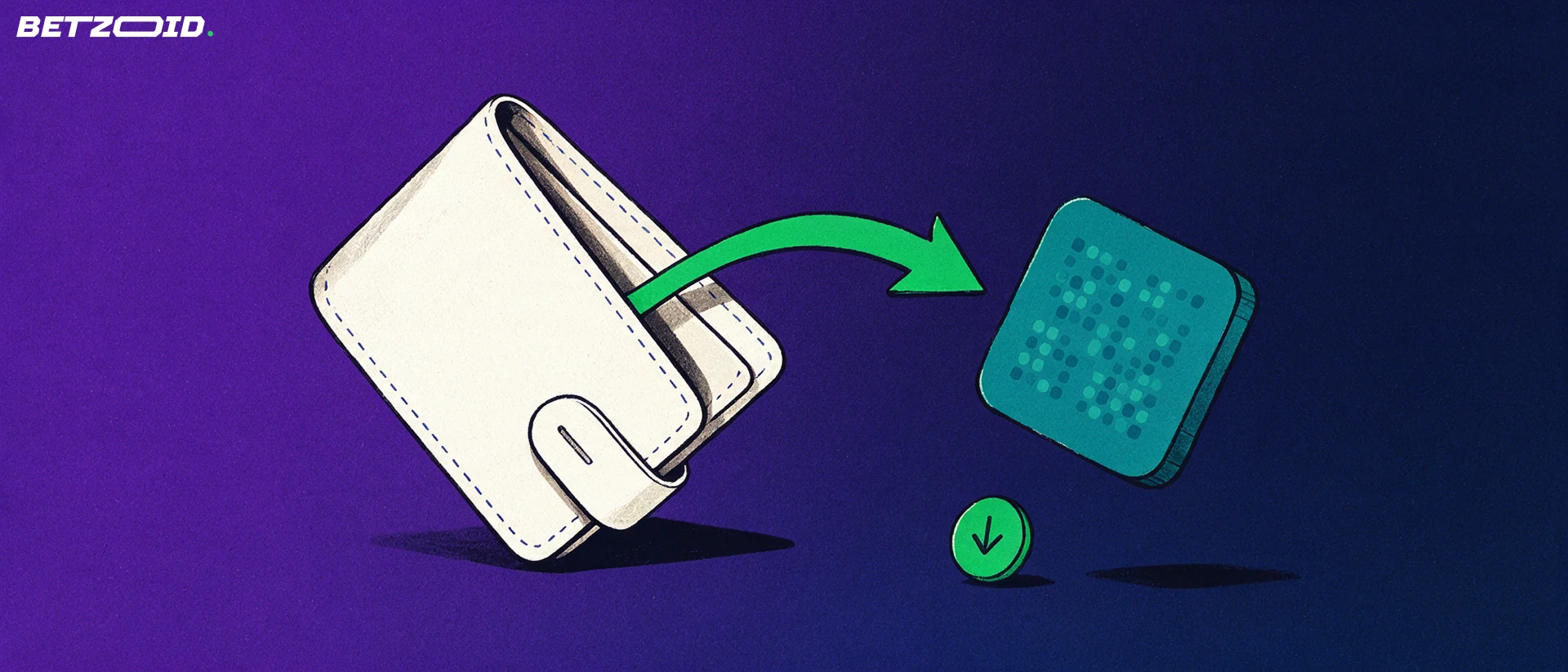 Ilustração de uma carteira aberta com seta verde em forma de raio saindo em direção a uma placa com padrão de código de pagamento, simbolizando saque instantâneo.