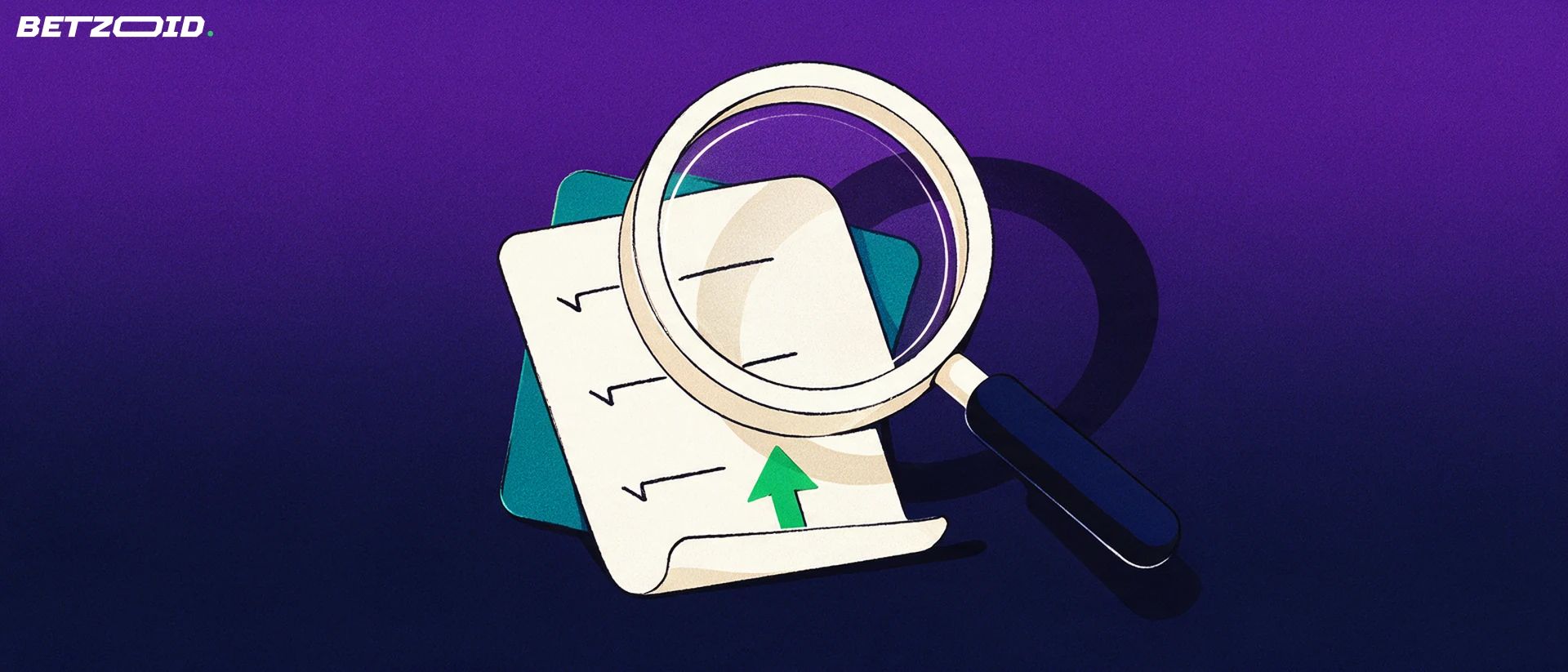 Ilustração de uma grande lupa inclinada examinando um bilhete de aposta com marcas de verificação e uma seta verde para cima.