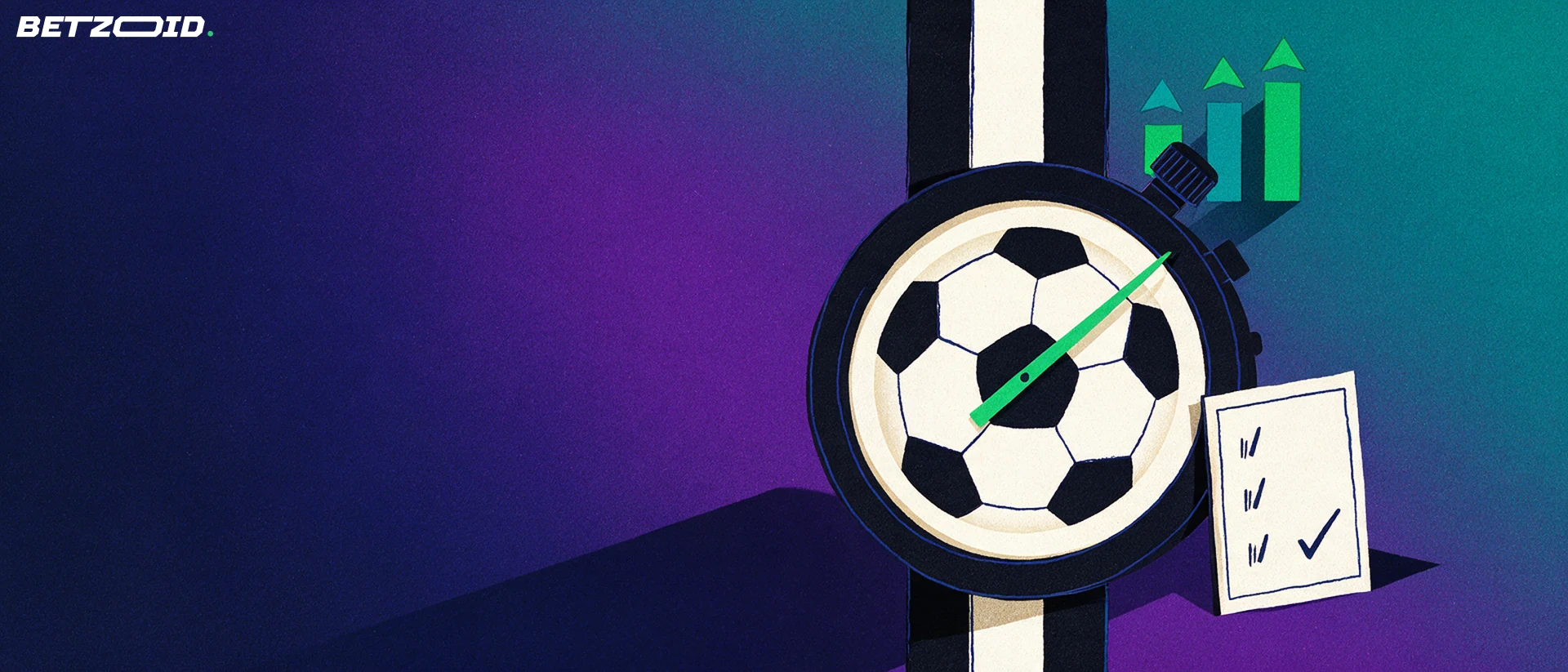 Ilustração de um grande cronômetro com mostrador em formato de bola de futebol, barras crescentes com setas para cima e um bilhete de aposta apoiado ao lado.