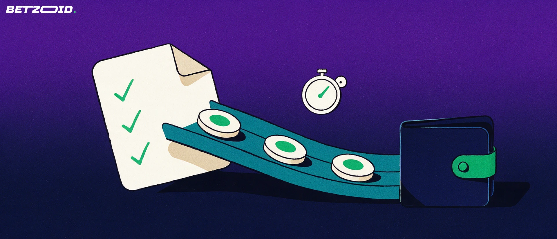 Illustration of a ticket with tick marks feeding coin discs down a ramp into a closed wallet, with a small stopwatch above.
