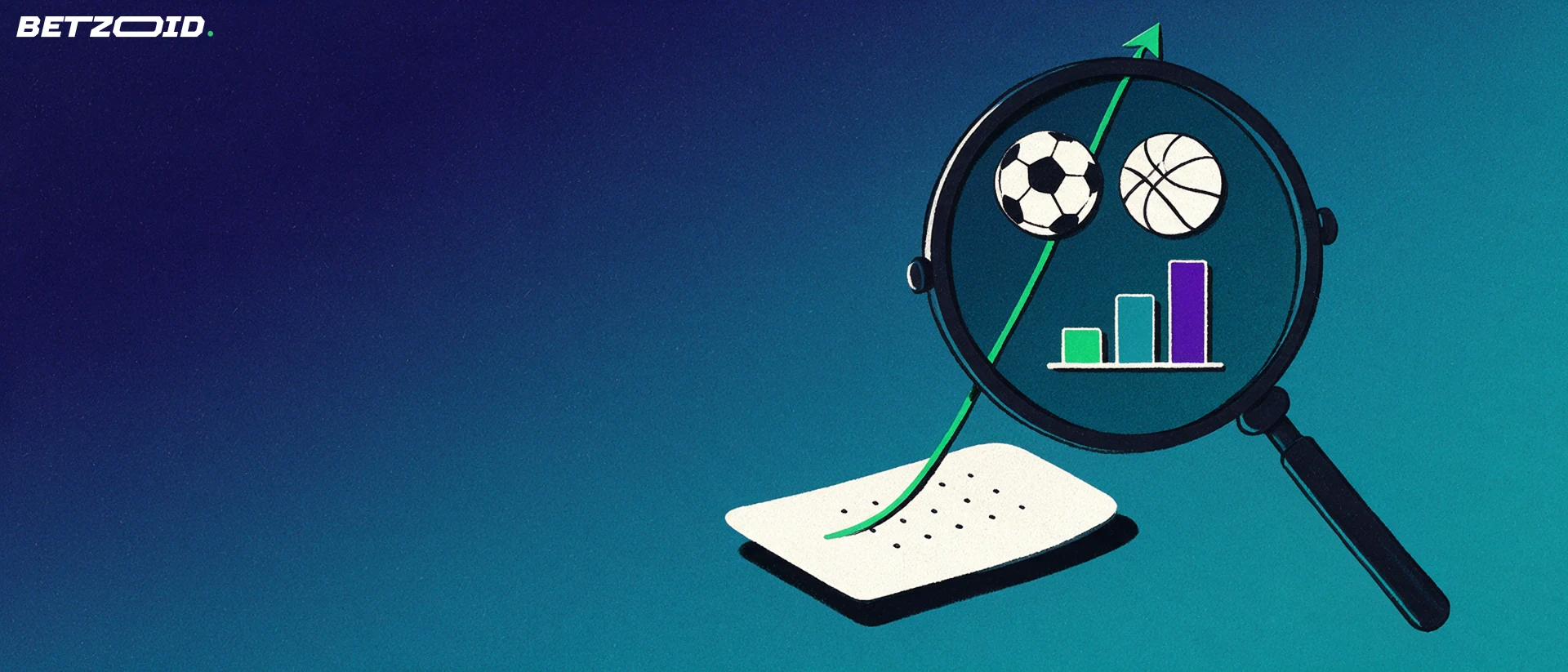 Ilustração de uma lupa ampliando um boletim de apostas com símbolos de futebol, basquete e barras crescentes que comparam valores de odds.