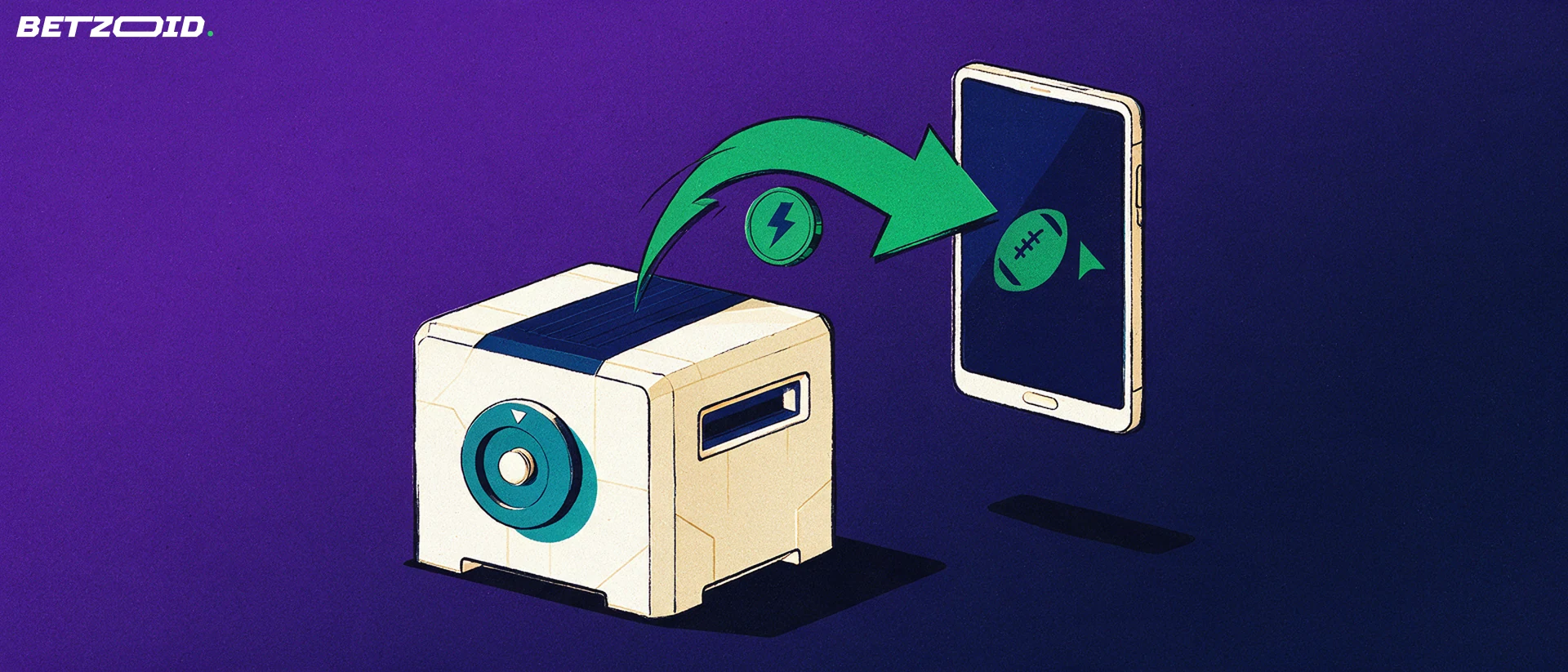 Ilustração de um cofre e um celular com ícone esportivo ligados por uma seta em forma de raio que leva uma ficha de pagamento, representando depósitos e saques instantâneos.