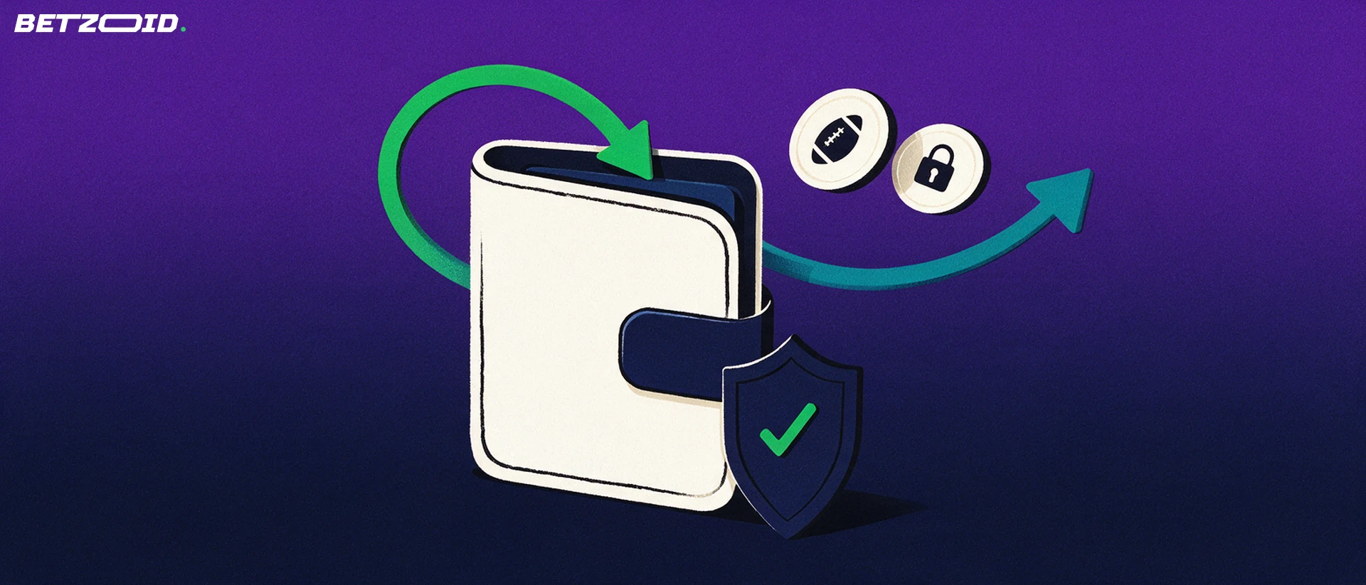 Ilustração de uma carteira com setas verdes e azuis entrando e saindo, fichas com símbolos de futebol e cadeado e um escudo com marca de verificação.