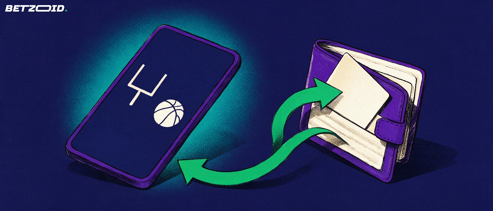 Illustration of a tilted smartphone showing football and basketball icons linked by a green looping arrow to a wallet holding a plain payment card.