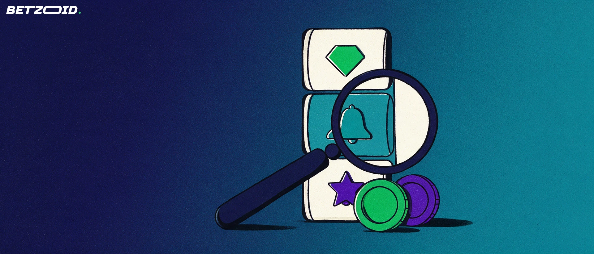 Ilustração de uma lupa examinando três rolos de caça-níqueis com símbolos simples e duas fichas de cassino ao lado.