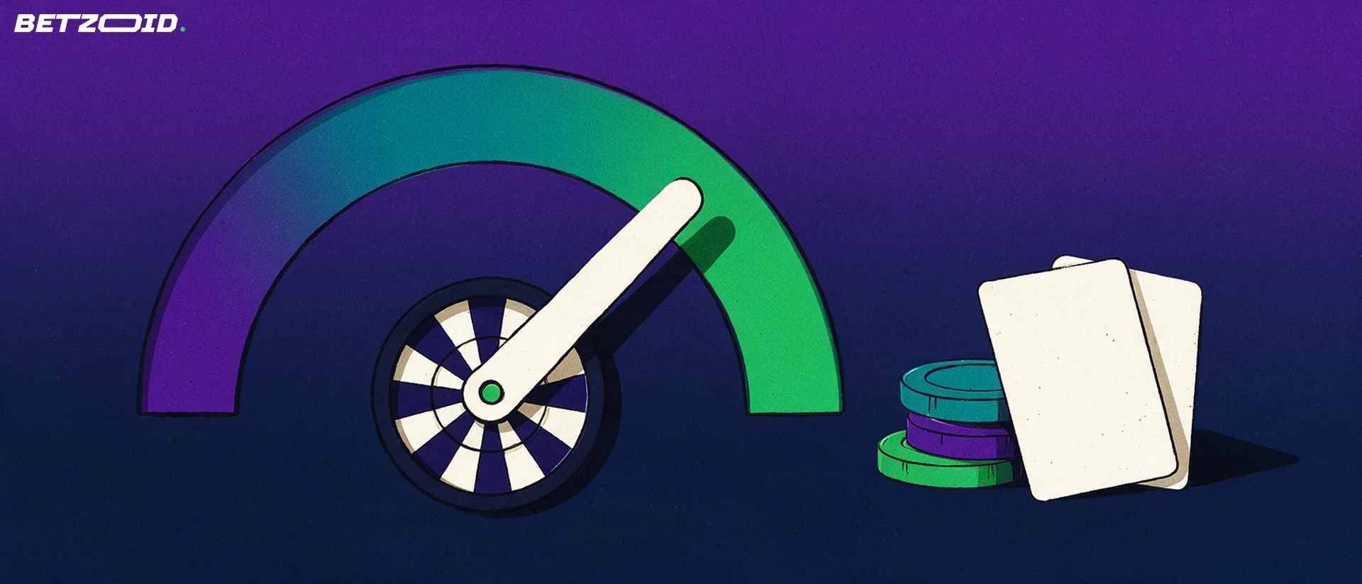 Ilustração de um medidor em arco com ponteiro apontando para a faixa verde, com uma roleta simplificada no centro, fichas e cartas ao lado.