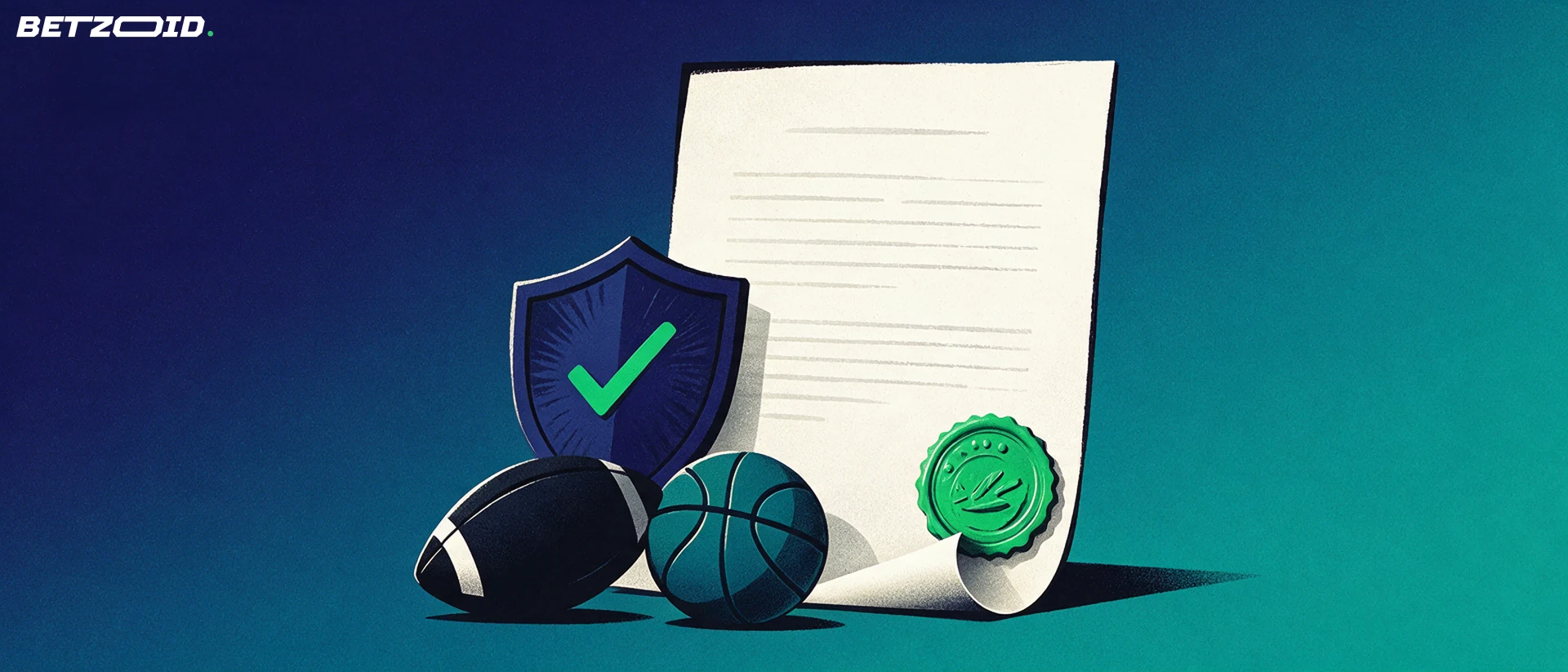 Ilustração de um certificado com selo em relevo ao lado de um escudo com sinal de verificação, uma bola de futebol e uma de basquete sobre fundo azul-marinho.