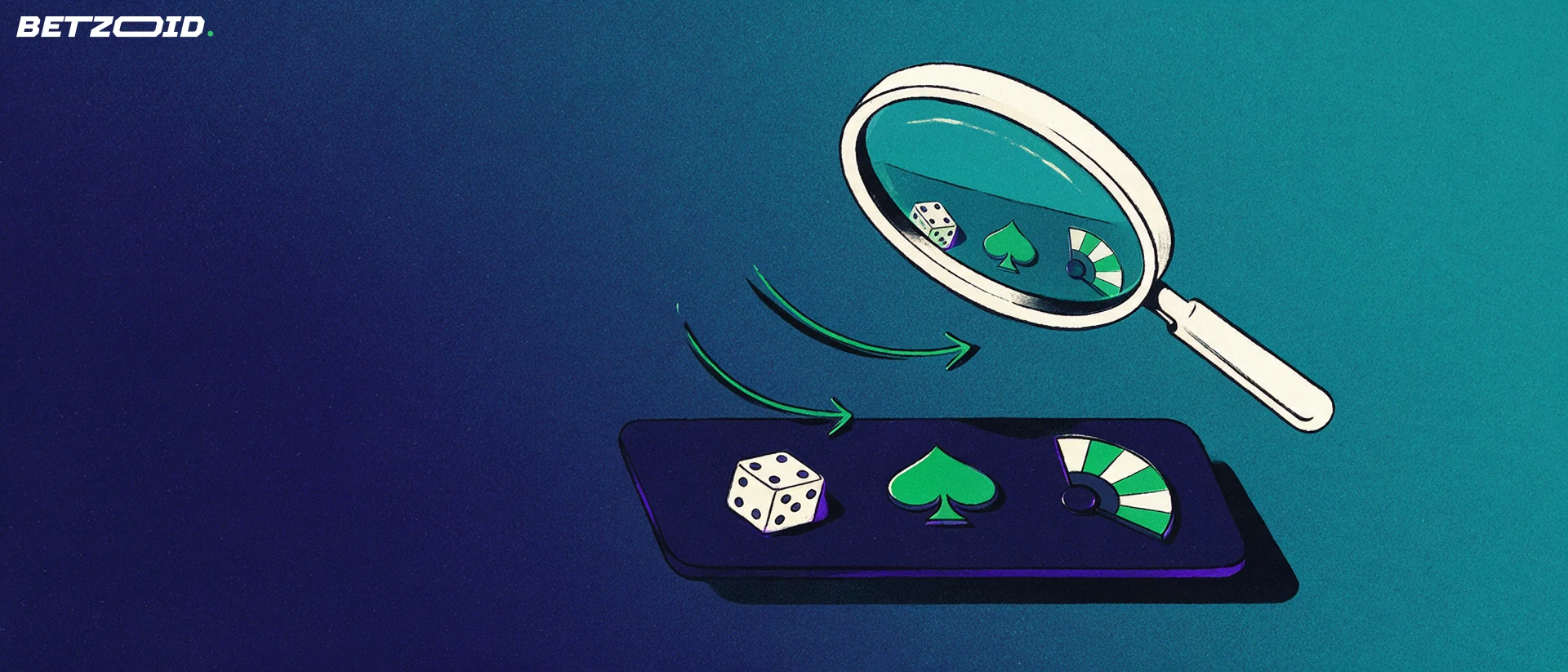Ilustração de uma grande lupa examinando um painel com símbolos de dado, espada e roda de jogo, representando a análise de uma plataforma de cassino online.