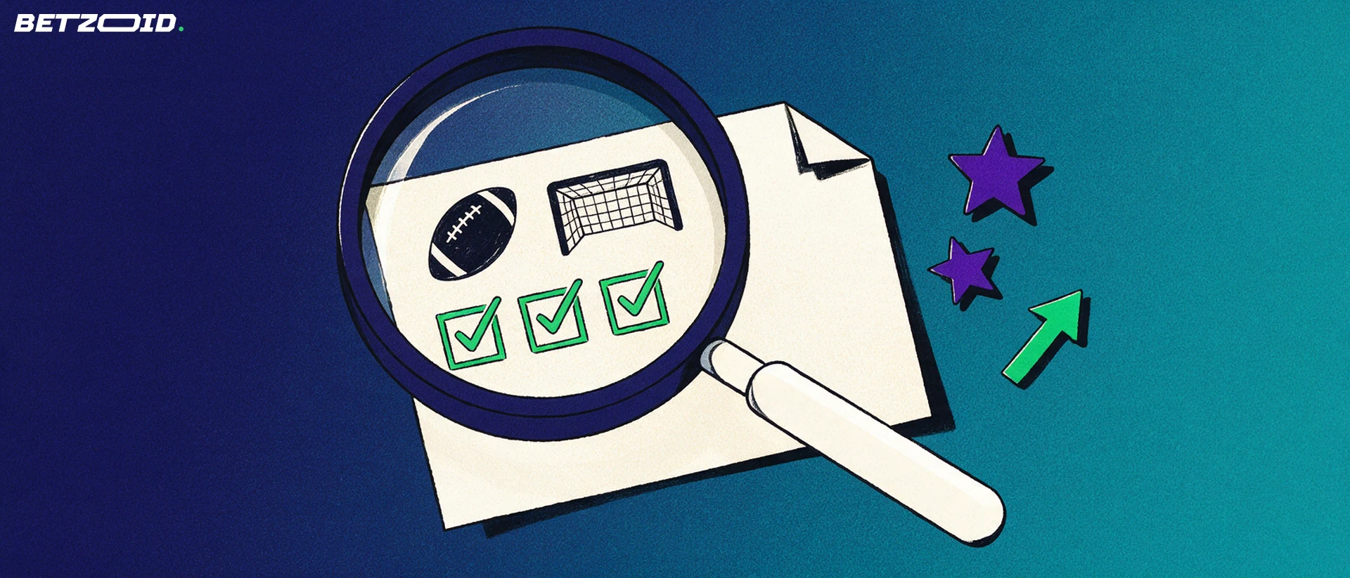 Ilustração de uma grande lupa examinando um bilhete de apostas com bola de futebol e marcas de verificação.