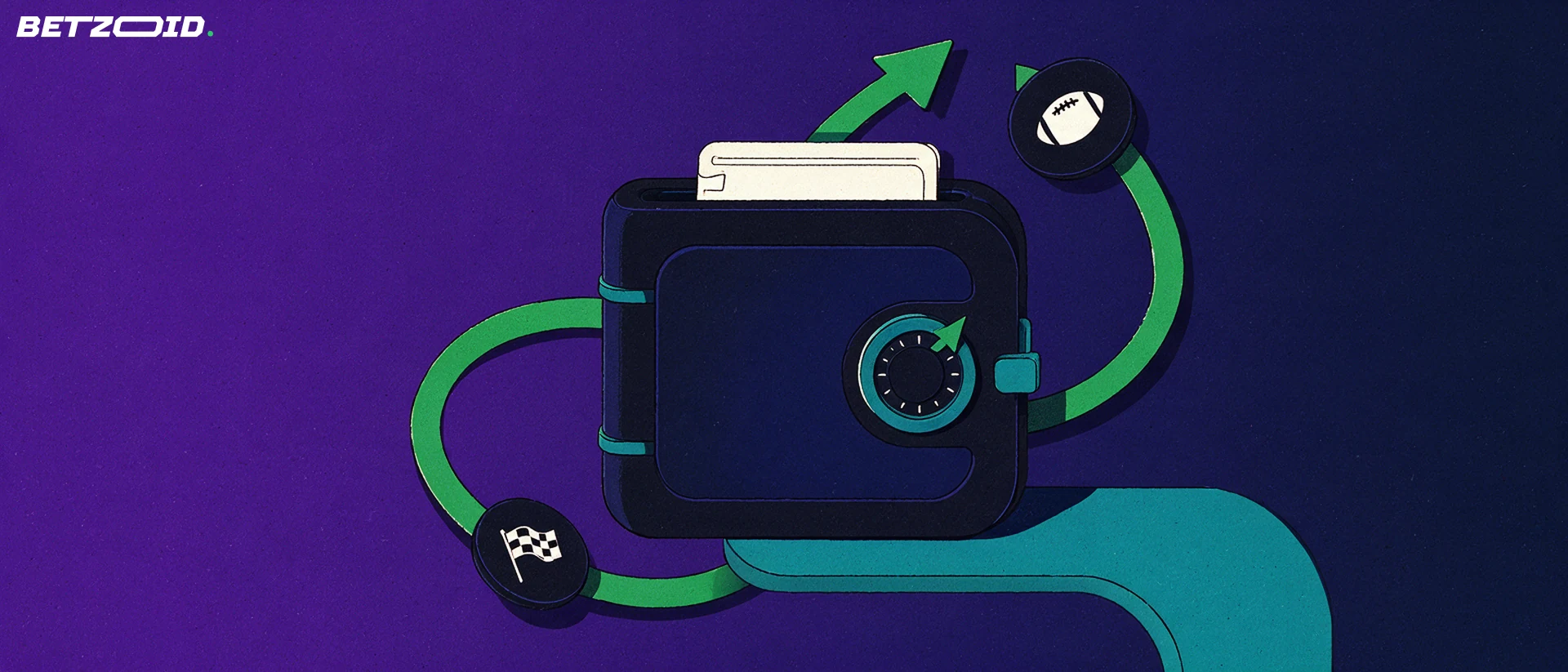 Ilustração de uma carteira-cofre com seta circular verde e fichas com símbolos esportivos, representando depósitos e saques.