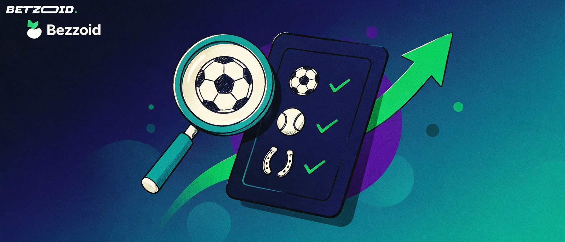 Illustration of a magnifying glass inspecting a betting slip marked with football, tennis and horseshoe symbols beside a rising green arrow.