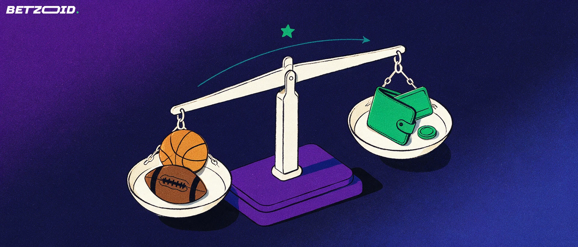 Illustration of a balance scale weighing footballs and a basketball against a wallet with a payment card and coin.