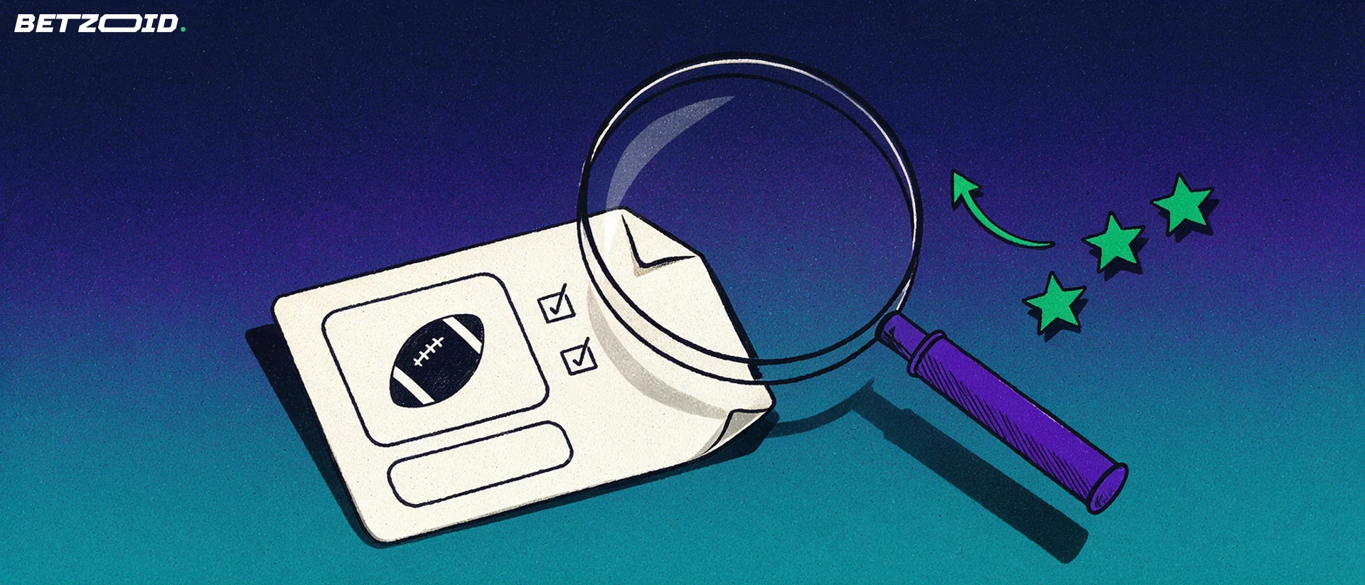 Ilustração de uma lupa examinando um bilhete de apostas com símbolo de futebol e três estrelas de avaliação ao lado.