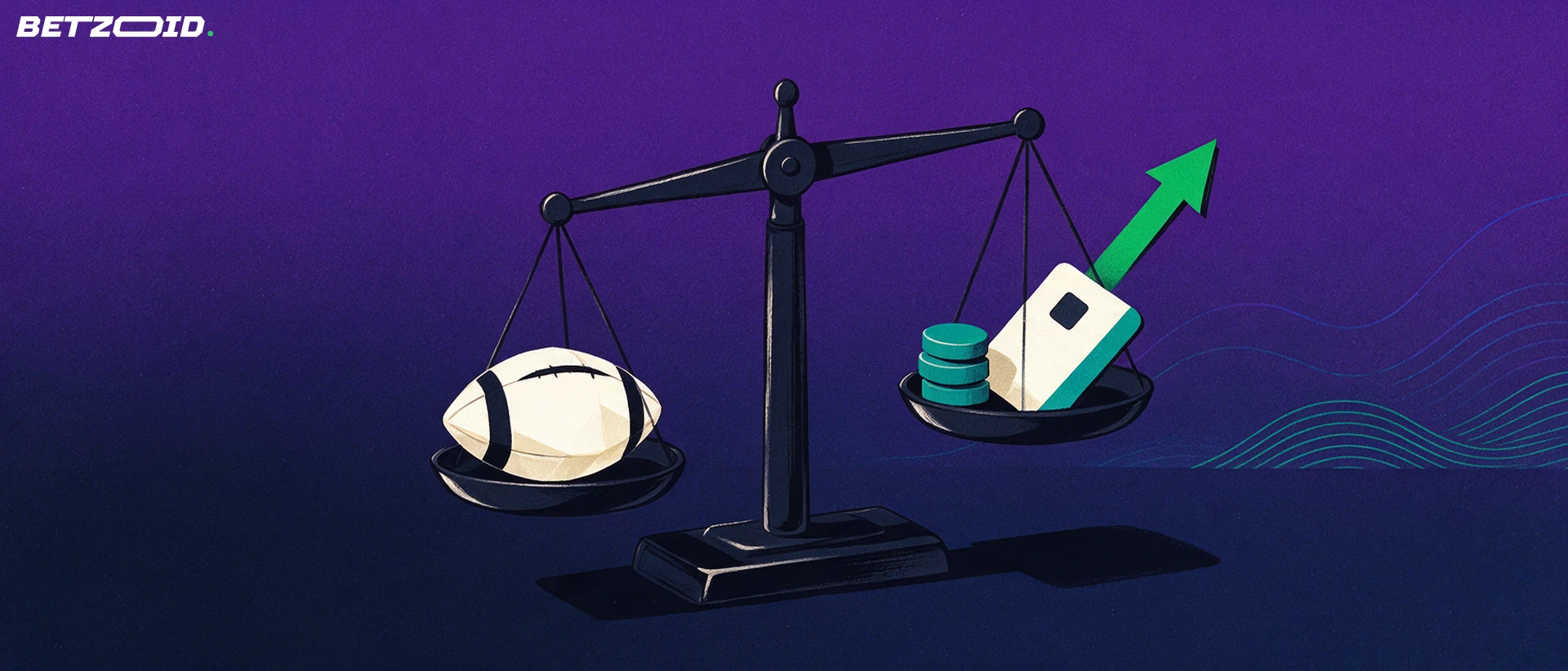 Ilustração de uma balança de dois pratos com uma bola de futebol em um lado e fichas com um cartão no outro, e uma seta verde apontando para cima.