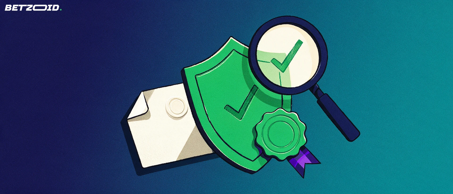 Ilustração de uma lupa sobre um escudo verde com marca de verificação e um documento com selo, simbolizando a análise da licença de uma casa de apostas.