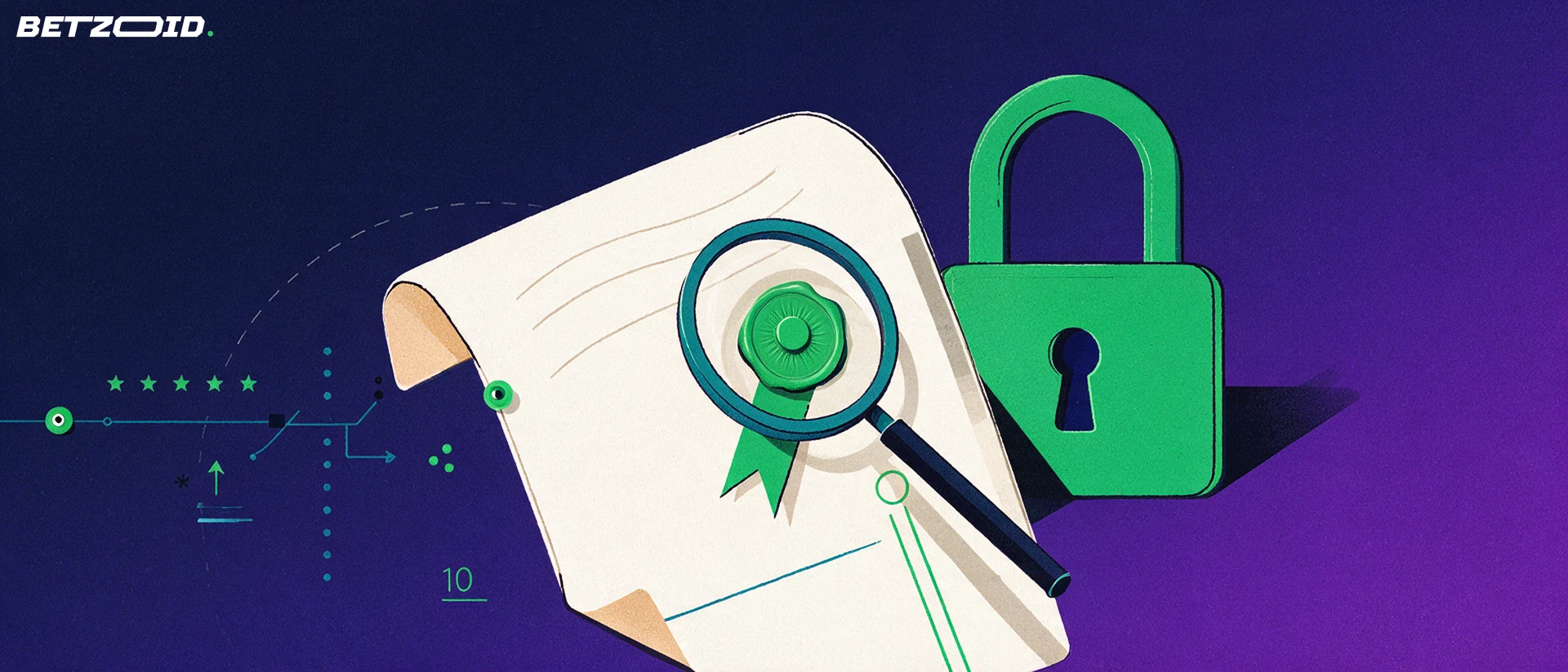 Ilustração de um certificado de licença com selo verde, lupa e cadeado sobre fundo azul-marinho.