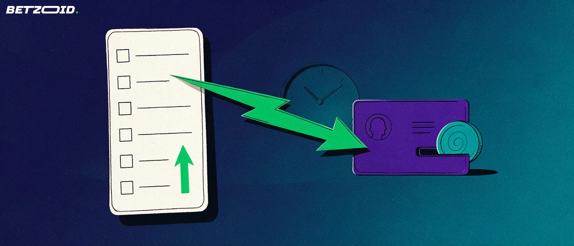 Ilustração de um bilhete de apostas com seta verde, raio apontando para uma carteira digital e um relógio simples ao fundo.