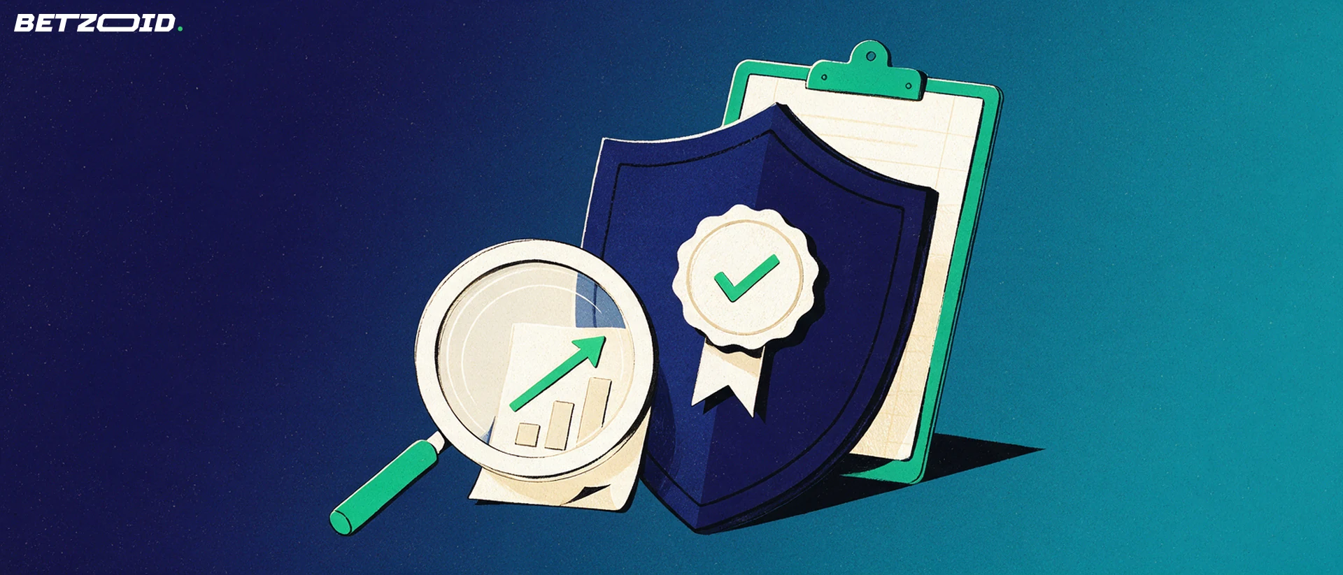 Ilustração de um escudo com selo e marca de verificação ao lado de uma lupa que amplia um bilhete de aposta com barras e seta de alta.