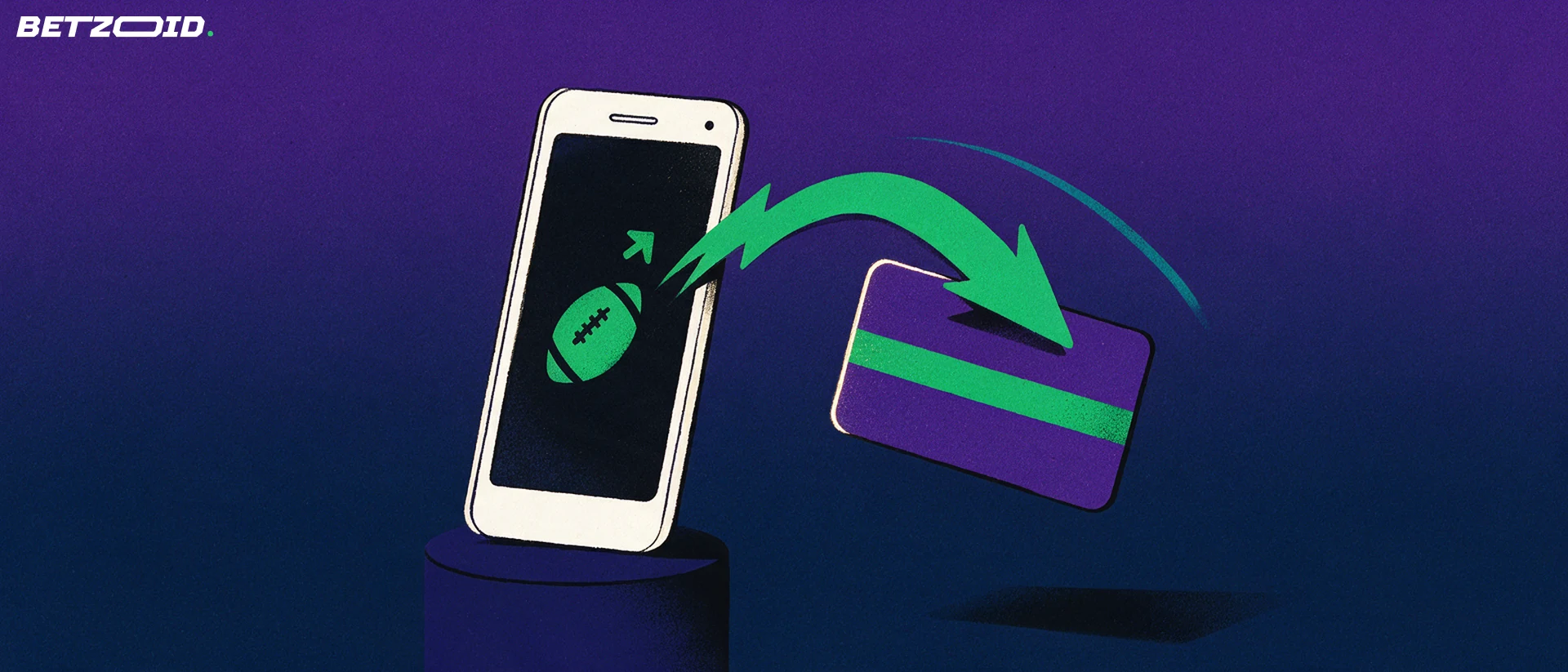 Ilustração de um celular com símbolo de bola de futebol na tela recebendo uma seta em forma de raio que parte de um cartão de pagamento, sugerindo depósito instantâneo.
