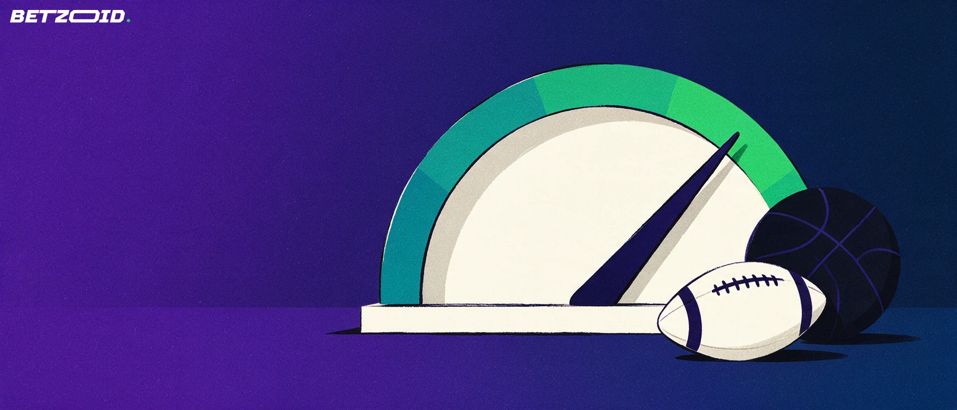Illustration of a large rating gauge with its needle in the green zone next to an American football and a basketball