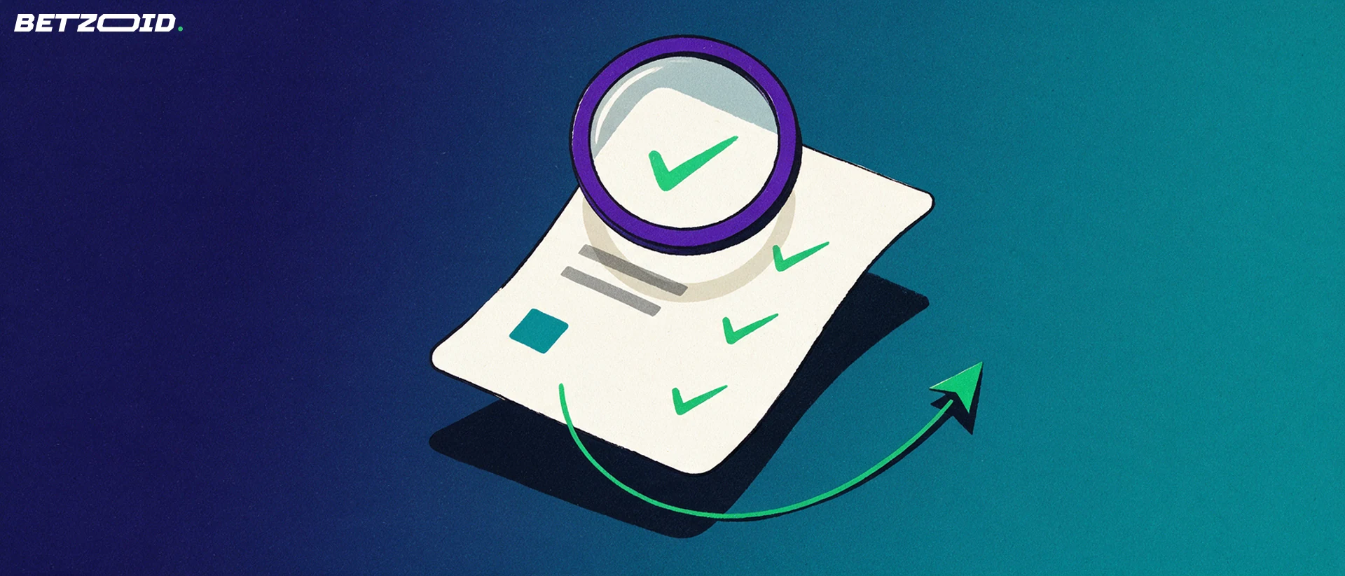Ilustração de uma lupa examinando um bilhete de apostas com marcas de verificação e uma seta verde apontando para cima.