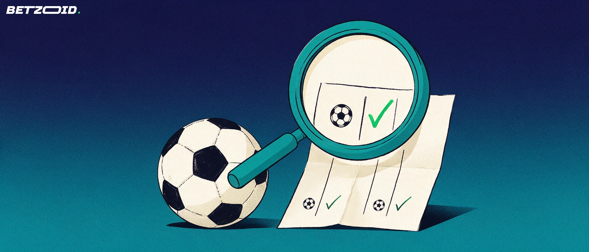Ilustração de uma grande lupa inspecionando um boletim de apostas com marcas de confirmação ao lado de uma bola de futebol.
