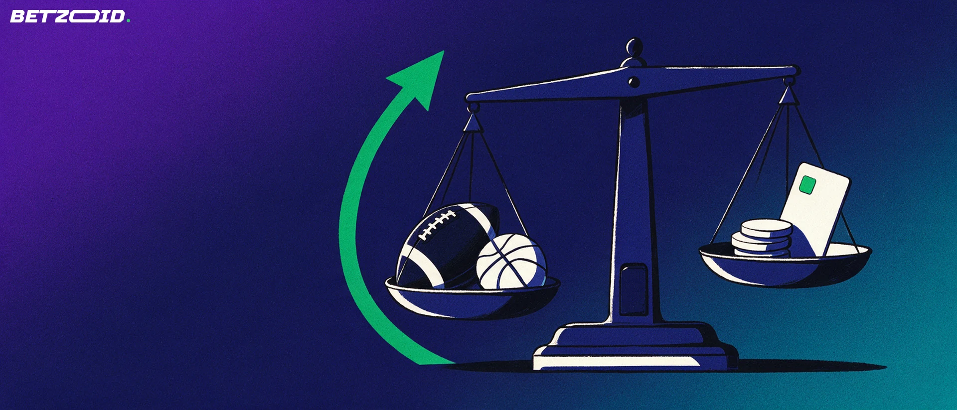 Ilustração de uma balança comparando bolas de futebol e basquete em um prato com fichas e um cartão bancário no outro.