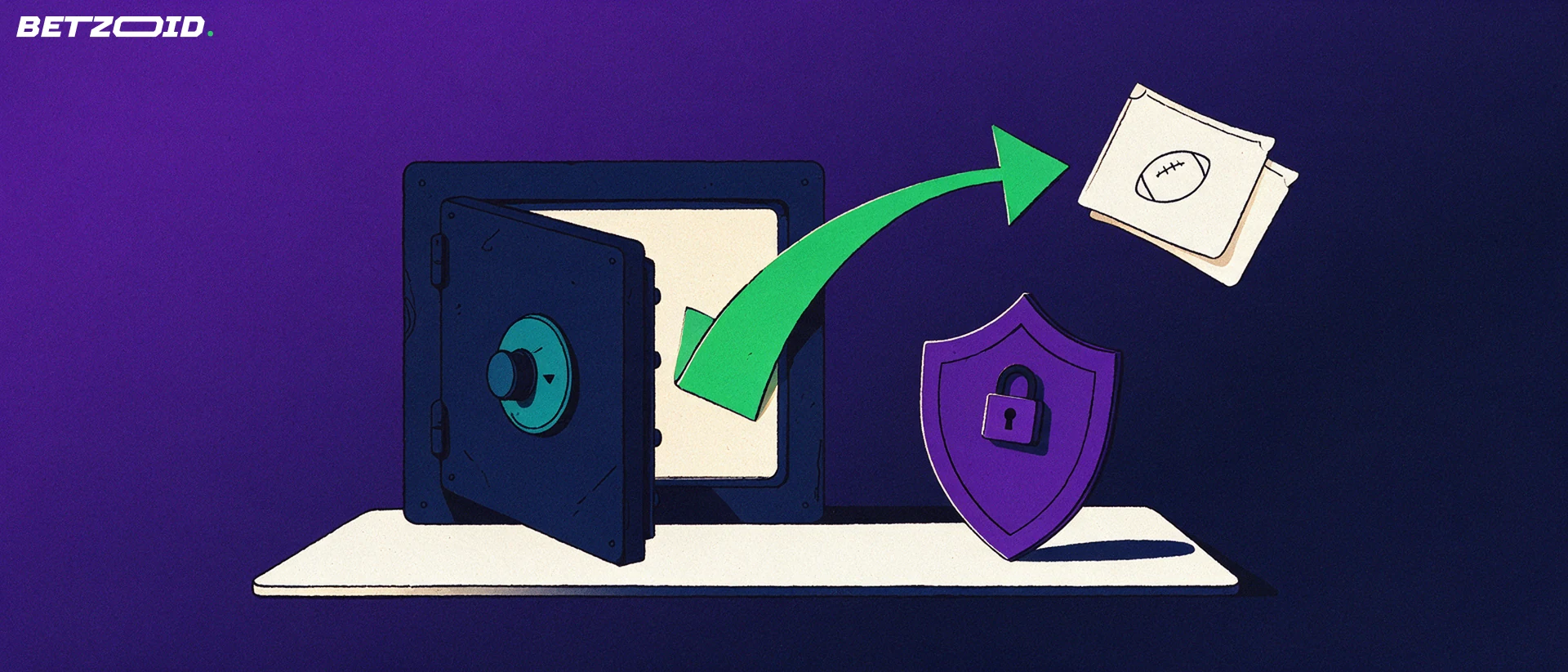 Illustration of an open safe with a green arrow carrying a betting ticket marked with a football symbol, beside a small shield with a padlock.
