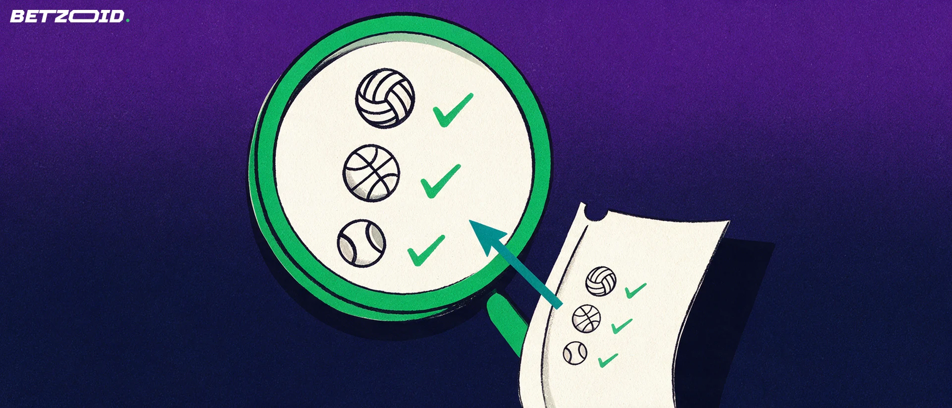 Ilustração de uma grande lupa inclinada sobre um bilhete de apostas com ícones de futebol, basquete e tênis marcados com sinais de confirmação.