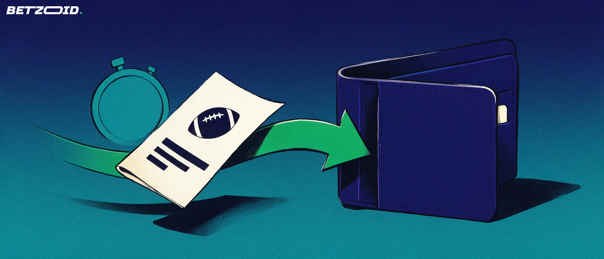 Ilustração de um bilhete de apostas com ícone de futebol sendo levado por uma seta verde até uma carteira aberta, ao lado de um cronômetro.