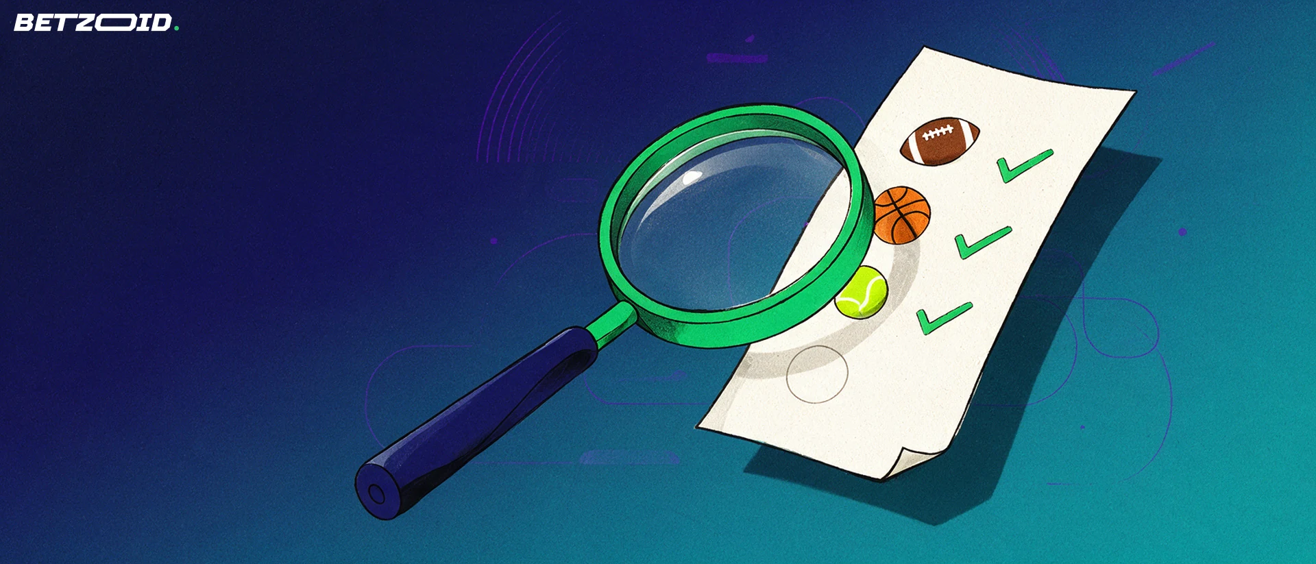 Ilustração de uma lupa ampliando um bilhete de apostas com ícones de futebol, basquete e tênis e marcas de verificação.