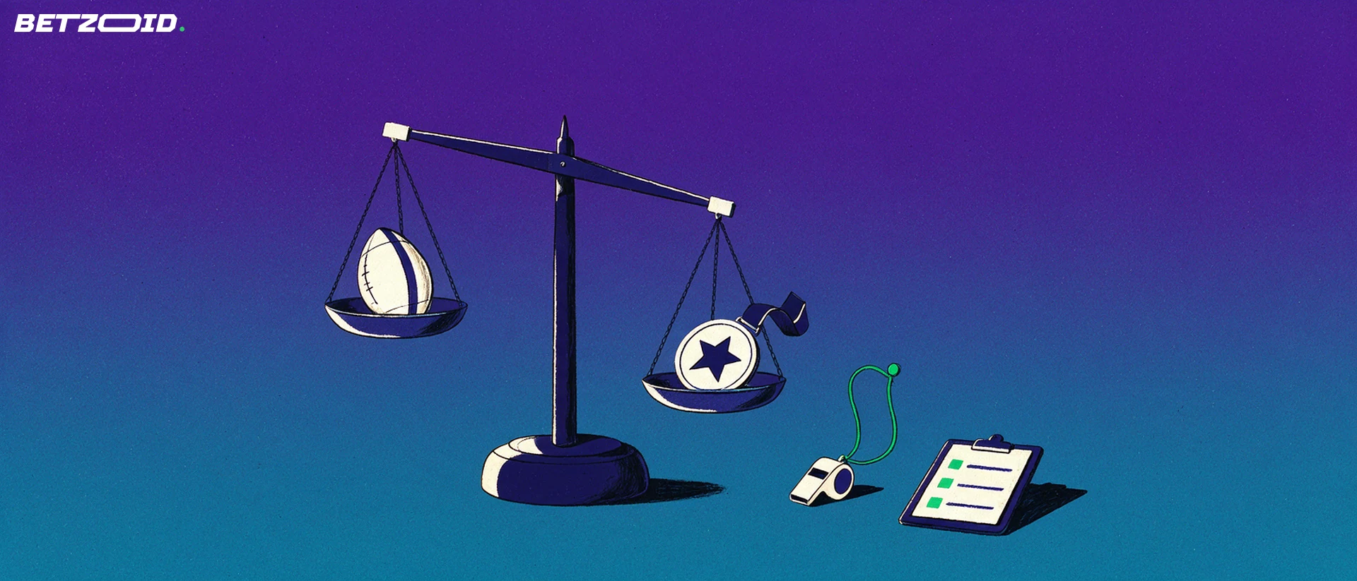 Ilustração de uma balança equilibrando uma bola de futebol e uma medalha com estrela, ao lado de um apito e uma prancheta com marcas de verificação.
