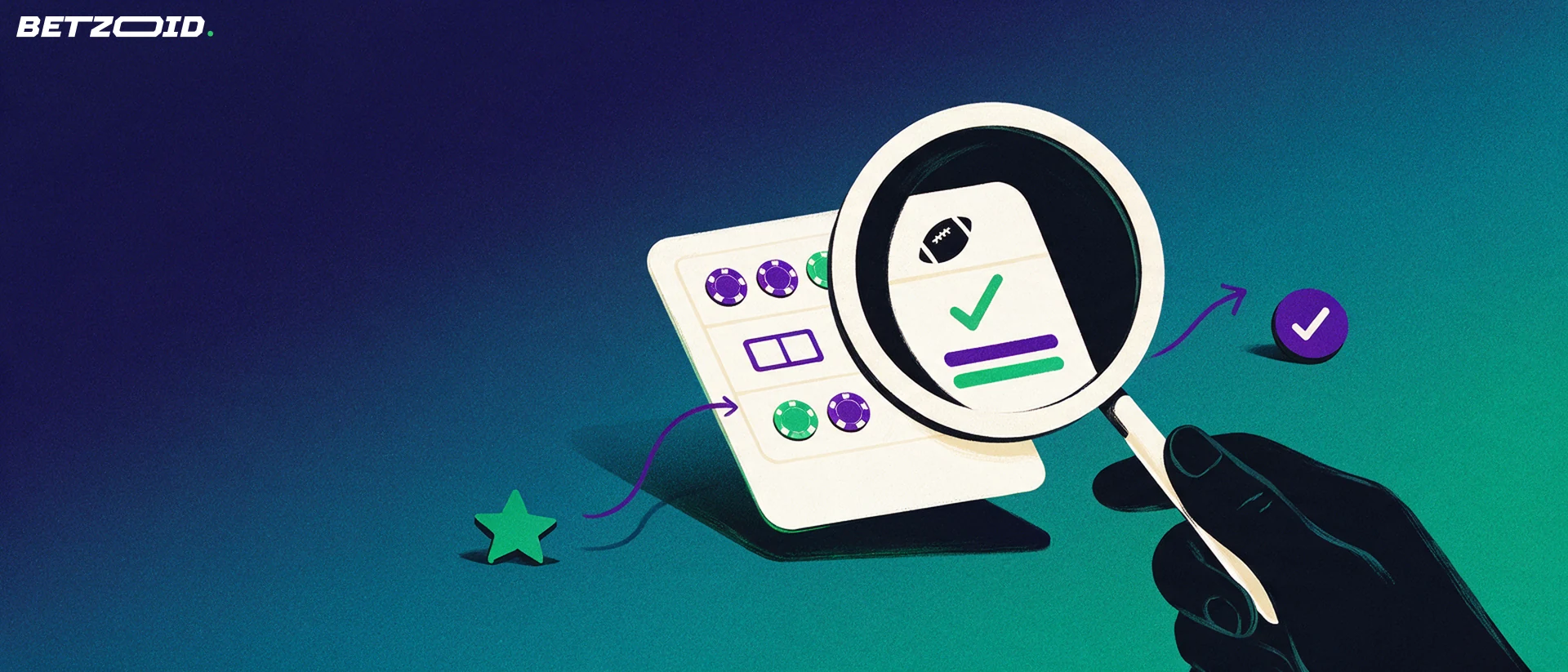 Ilustração de uma lupa ampliando um boletim de apostas com símbolo de futebol, marca de verificação e uma estrela verde ao lado.
