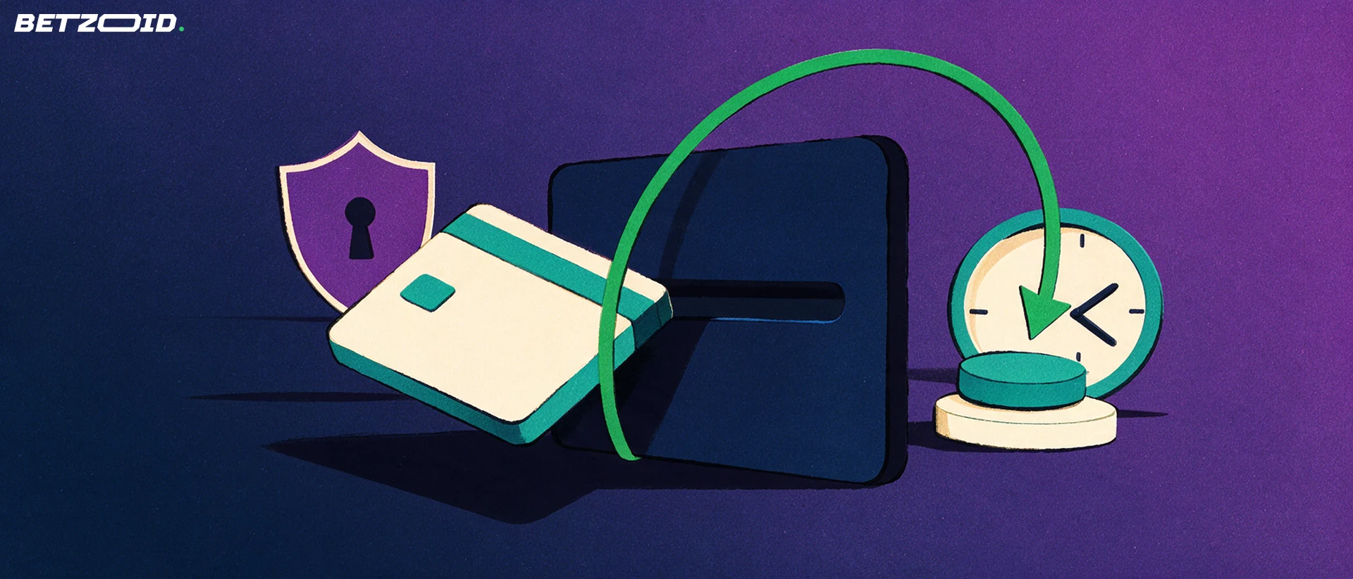 Ilustração de um cartão de pagamento entrando numa carteira com uma seta circular verde, escudo com fechadura e relógio simples.