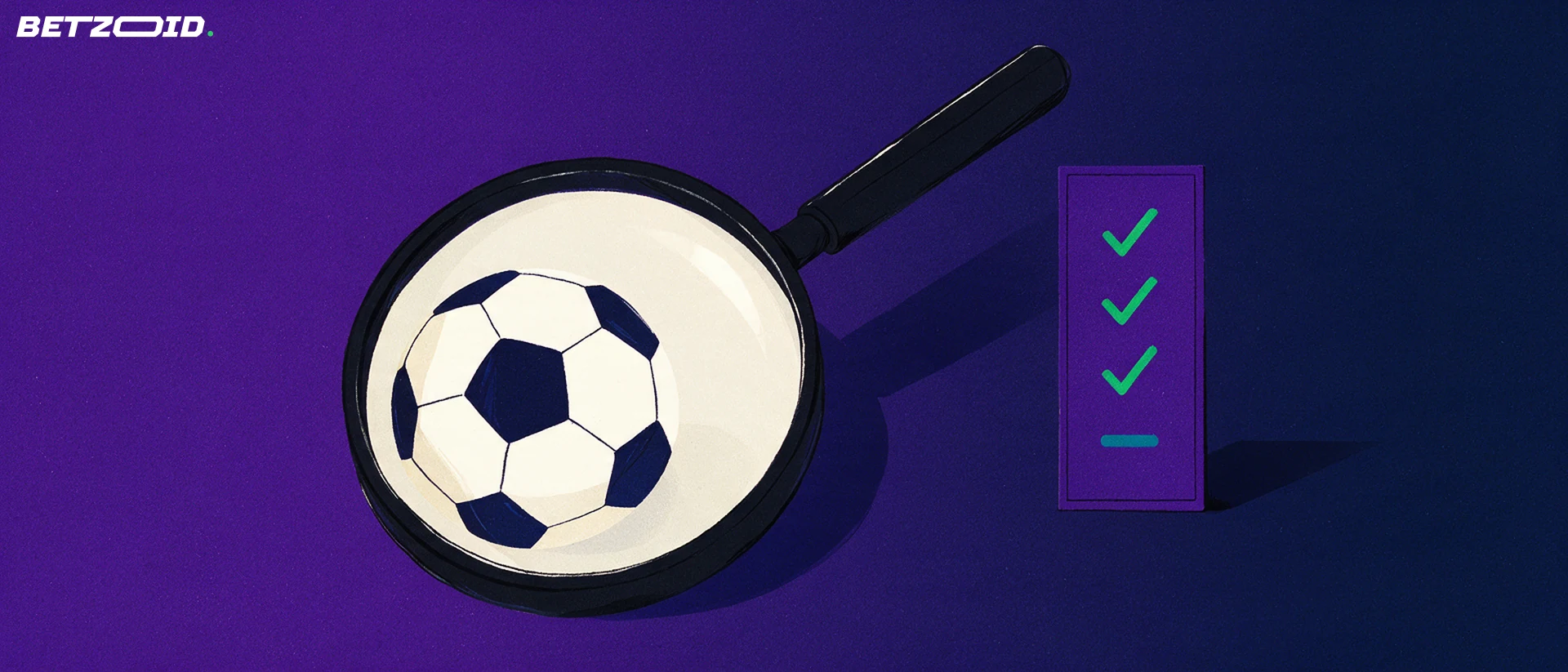 Ilustração de uma lupa grande examinando uma bola de futebol ao lado de um cartão com marcas de verificação.