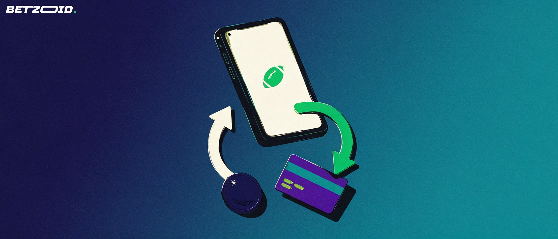 Ilustração de um celular com símbolo de futebol na tela e setas curvas ligando um cartão bancário e uma moeda.