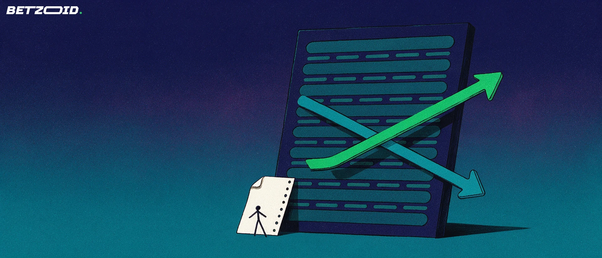 Illustration of a betting-line board with blank rows, crossing up and down arrows and a folded paper betting slip.