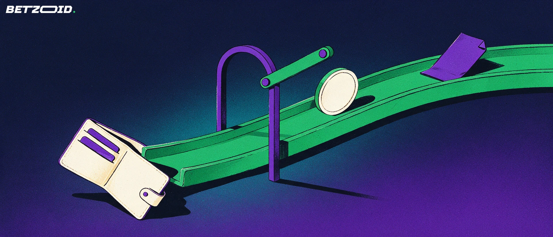 Illustration of a coin travelling along a curved rail through an open turnstile arch into a waiting wallet, with a betting slip nearby.