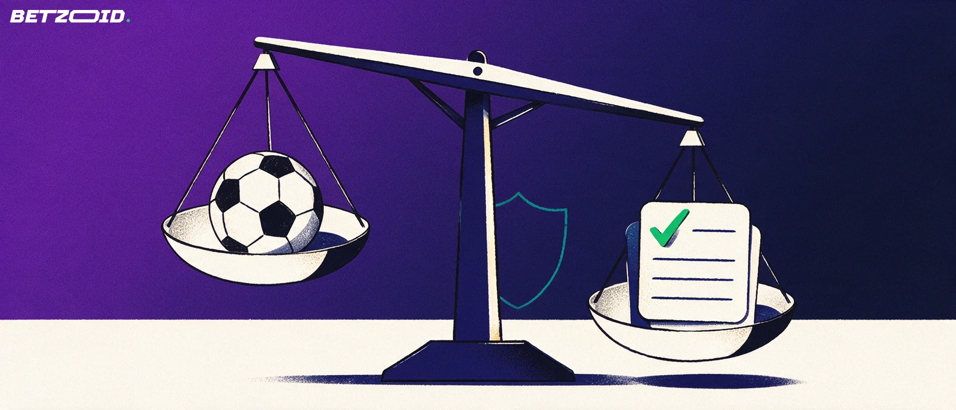 Ilustração de uma balança de dois pratos comparando uma bola de futebol com uma pilha de documentos marcados com um sinal de confirmação.