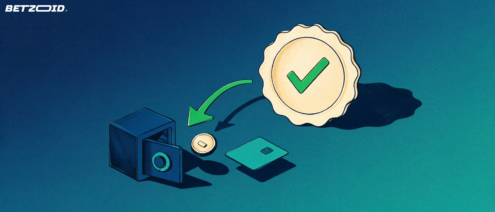 Ilustração de um selo circular de licença com marca de verificação ligado por uma seta verde a um cofre aberto e a um cartão de pagamento, simbolizando licenciamento e saques.