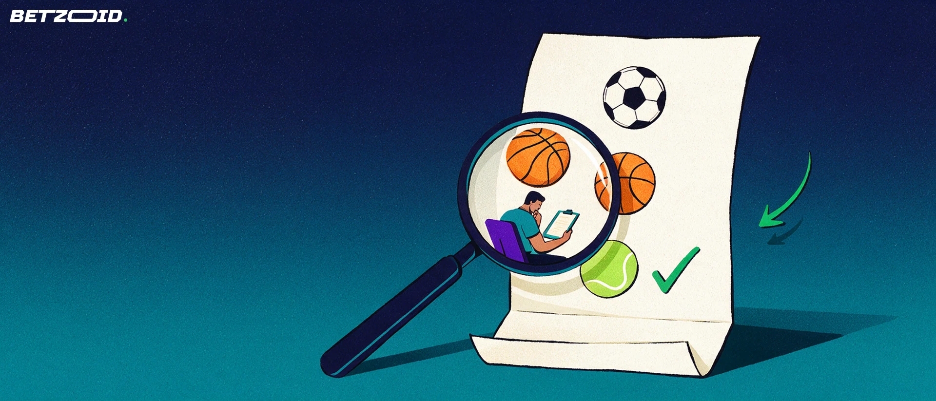 Ilustração de uma lupa grande examinando um boletim de apostas com símbolos de futebol, basquete e tênis e um sinal de confirmação verde.